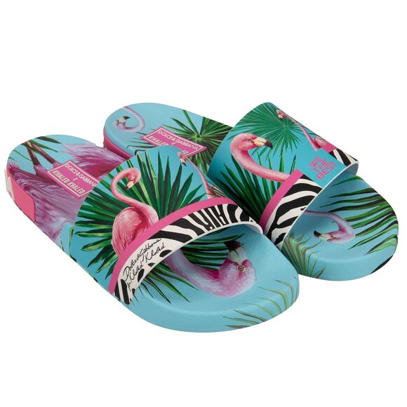 Dolce & Gabbana - DJ Khaled Slides Sandals with Flamingo Zebra Print Blue Pink E - Picture 1 of 5